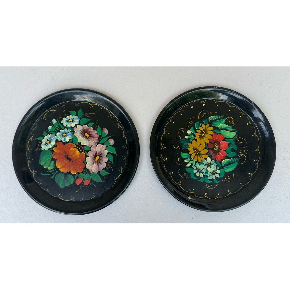 Vintage USSR Russian Toleware Trays Set 2 Hand Painted Floral Folk Art 9"